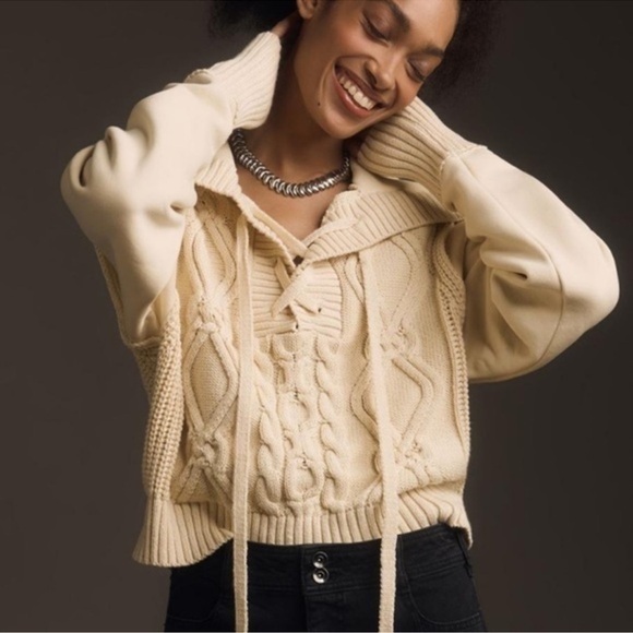 Anthropologie Sweaters - ANTHROPOLOGIE Pilcro Cable Laced Twofer Sweater Creme Size Large Neutral Lace up